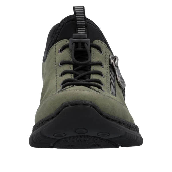 Rieker N3267-54 women's green slip-on shoes with black accents, lace-up front, side zipper, and ready2Go comfort design.
