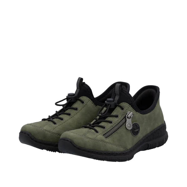 Rieker N3267-54 ladies green slip-on shoes with black sole, lace-up design, and side zipper for easy wear.