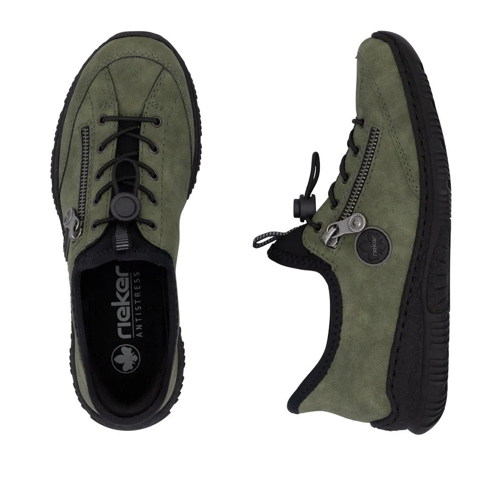 Rieker N3267-54 women's green slip-on shoes with zippers, lace-up closure, and cushioned sole for comfort.