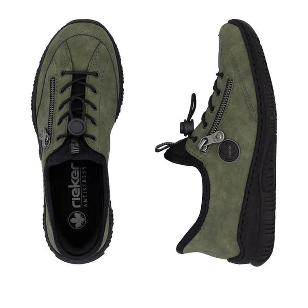 Rieker N3267-54 women's green slip-on shoes with zippers, lace-up closure, and cushioned sole for comfort.