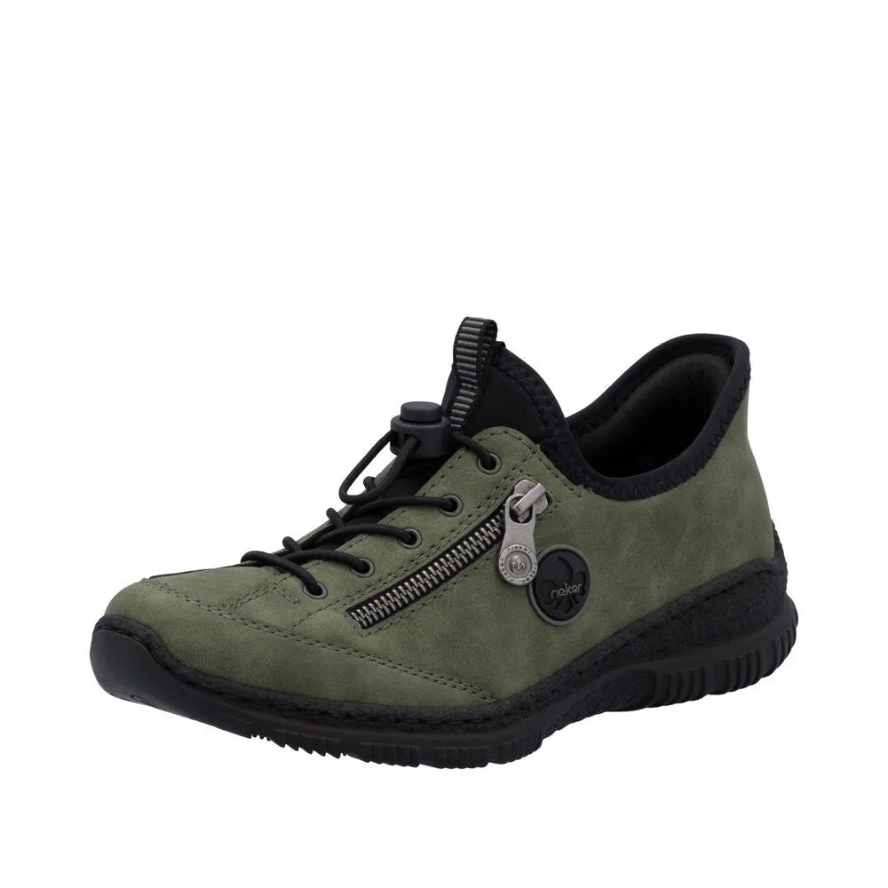 Rieker N3267-54 Ladies Green Slip-On Shoes with black sole, zipper detail, and elastic collar for easy wear.