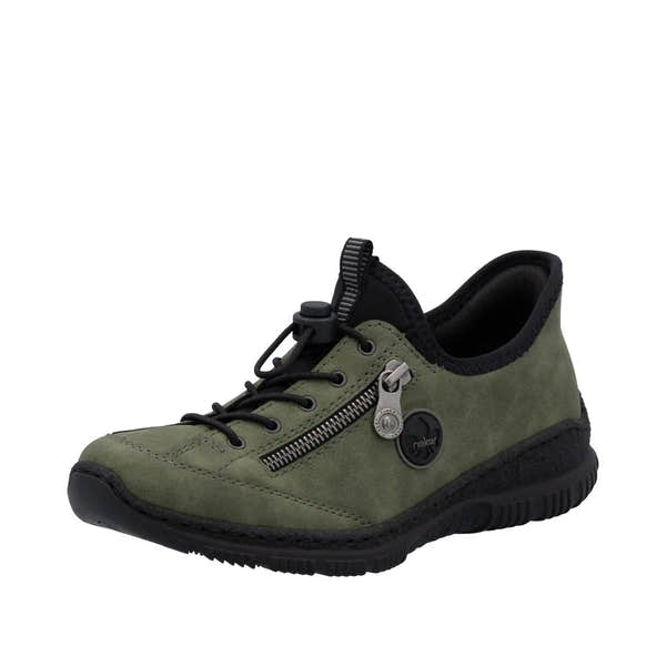 Rieker N3267-54 Ladies Green Slip-On Shoes with black sole, zipper detail, and elastic collar for easy wear.