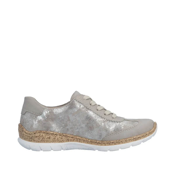 Rieker N4221-90 women's metallic silver lace-up sneaker with zip, beige accents, and a cork-trimmed sole.