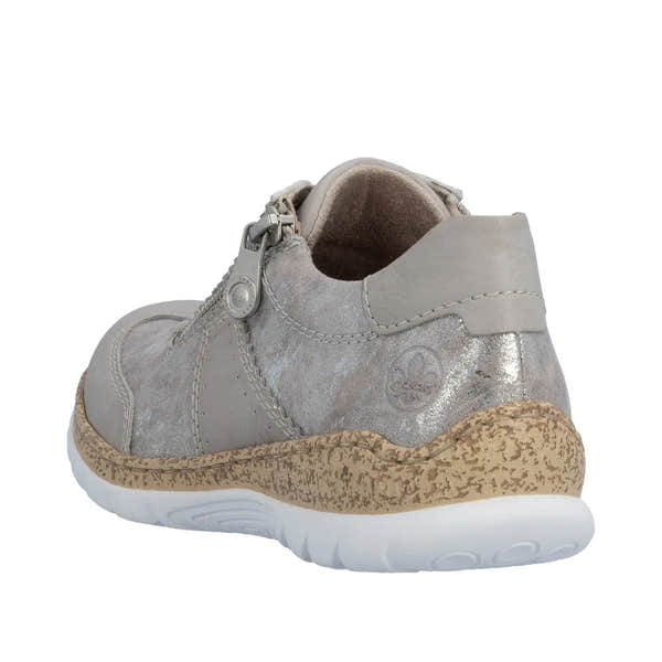 Rieker N4221-90 ladies metallic rose shoes with zip and lace, beige leather upper, cushioned interior, and textured rubber sole.