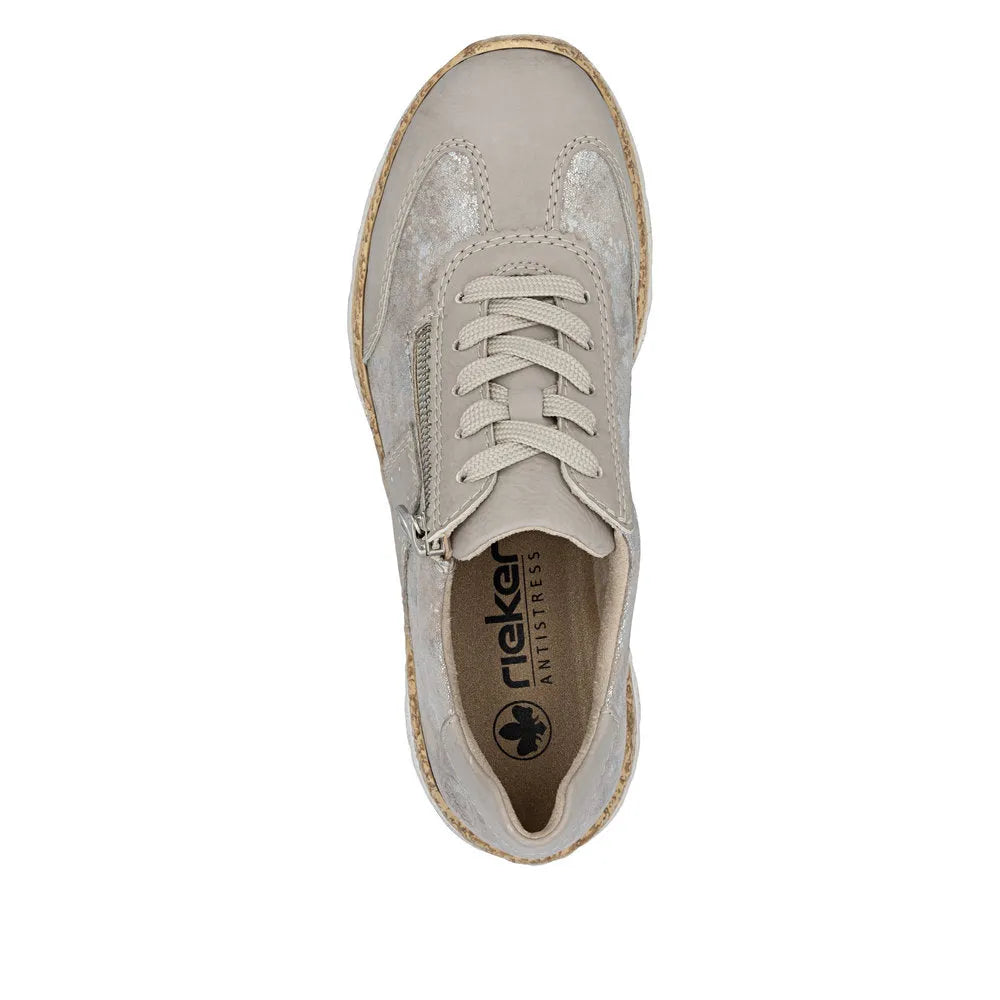 Rieker N4221-90 women's rose-metallic shoes with lace-up front, zipper detail, and textured materials.