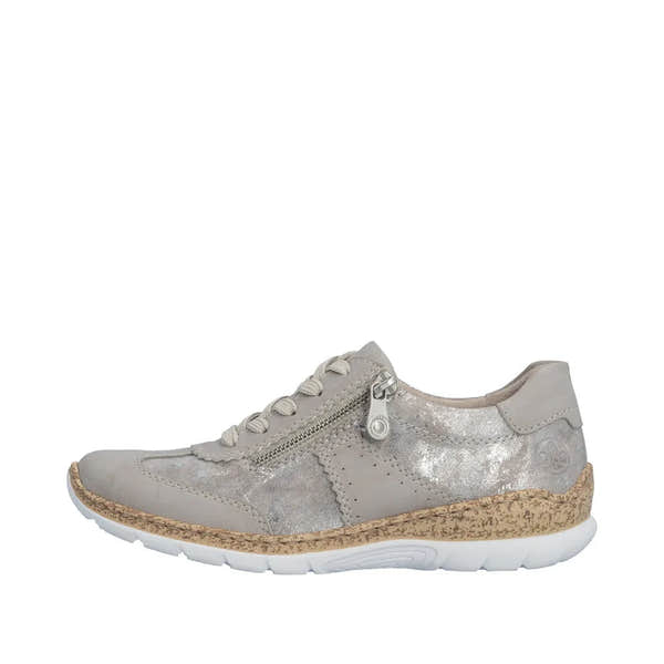 Rieker N4221-90 ladies' rose-metallic lace-up shoe with zipper, suede and shiny materials, cork-effect sole, casual style.