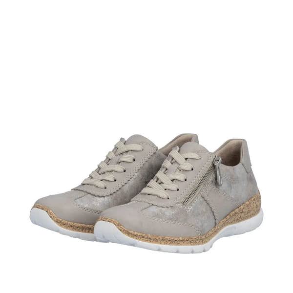Rieker N4221-90 ladies' rose-metallic shoes with lace-up, side zipper, cork midsole, white sole, and soft material.