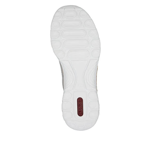 White and rose-metallic lace and zip shoes with a textured rubber sole and "Rieker" branding on the bottom.