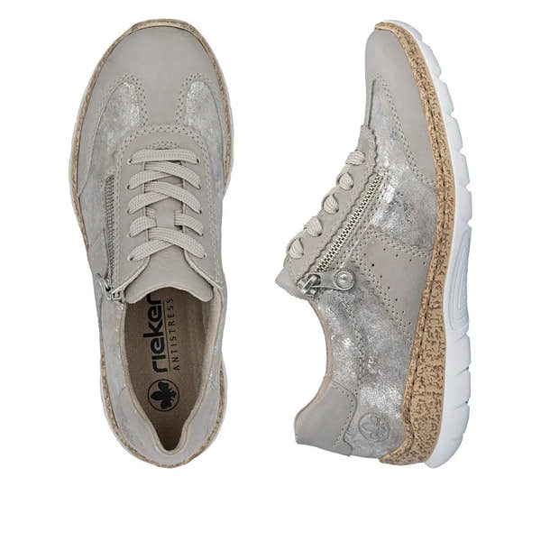 Light gray metallic lace-up shoes with zippers, chunky beige soles, and distressed details for women.