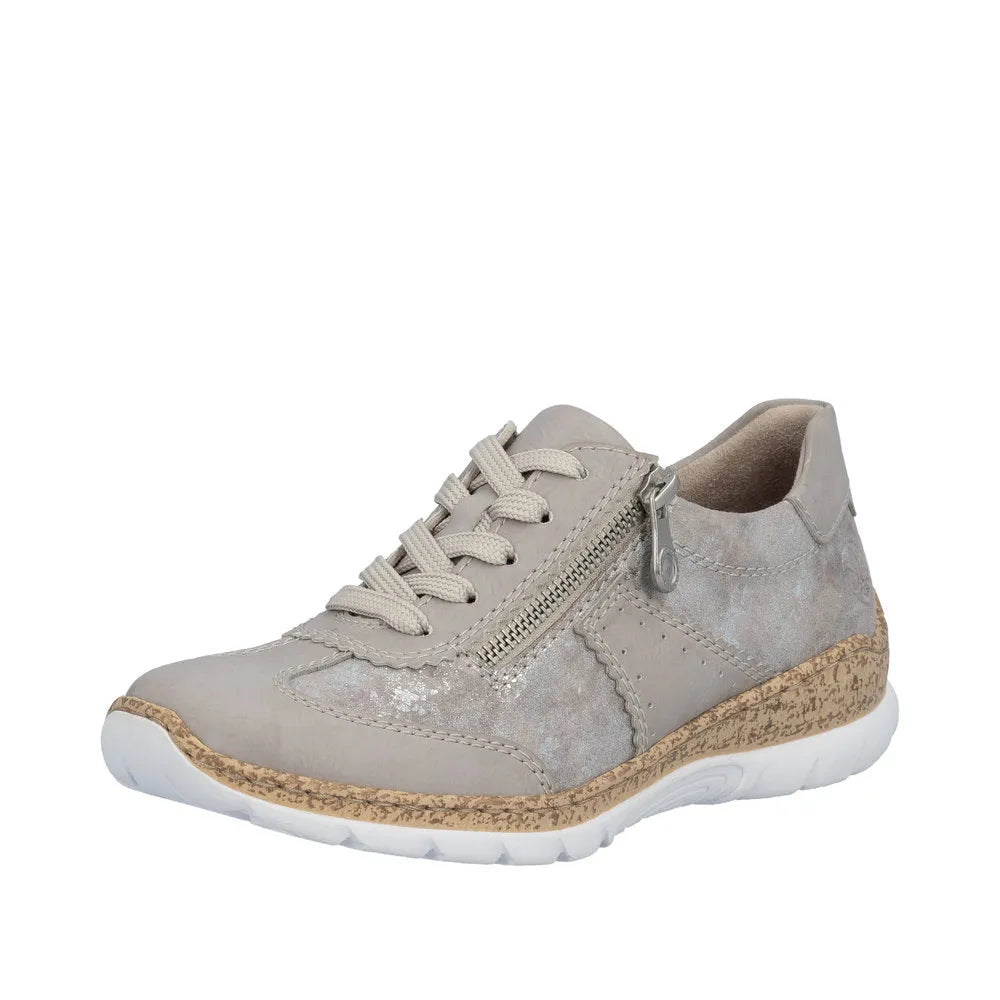 Rieker N4221-90 ladies rose-metallic lace-up shoe with side zipper, beige materials, cork sole, and white rubber outsole.