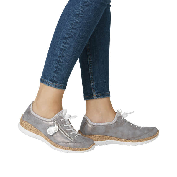 Rieker N4263-40 ladies grey/silver elasticated casual shoes with zippers and cork detail, suitable for comfortable everyday wear.