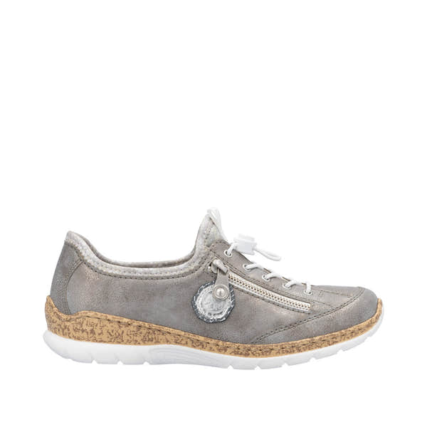 Rieker N4263-40 ladies grey/silver elasticated casual shoes with zipper detail and cork sole, comfortable slip-on design.