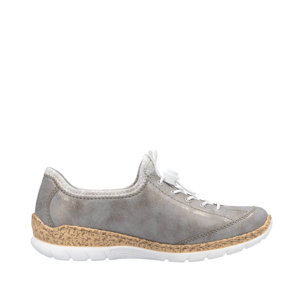 Rieker N4263-40 women's grey and silver elasticated casual shoes with cushioned sole and textured midsole.