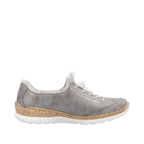 Rieker N4263-40 women's grey and silver elasticated casual shoes with cushioned sole and textured midsole.