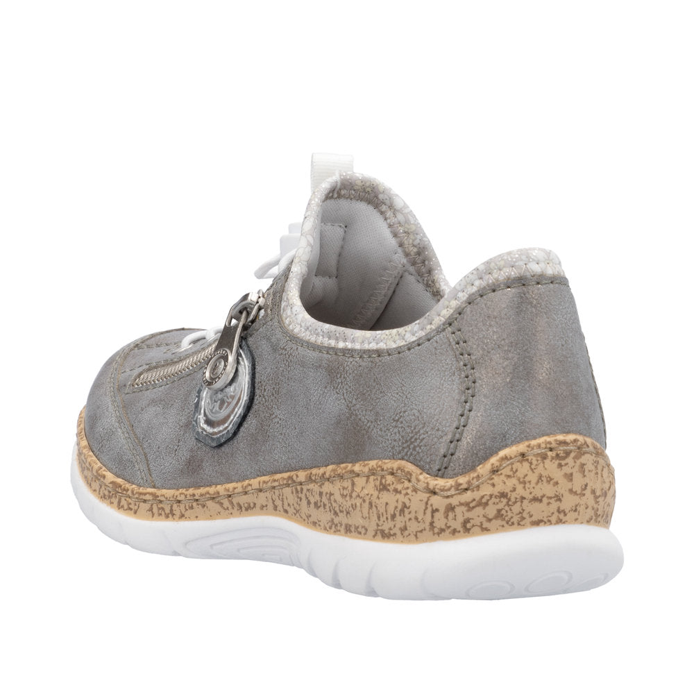 Rieker N4263-40 women's grey and silver elasticated casual shoes with zip closure and textured sole.