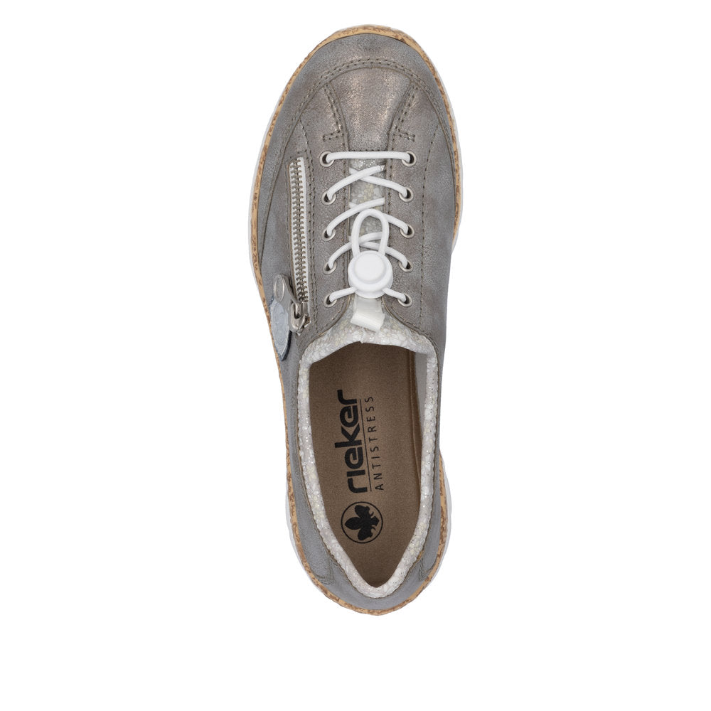 Rieker N4263-40 ladies grey and silver elasticated sneakers with lace-up front and side zipper, anti-stress cushioned insole.