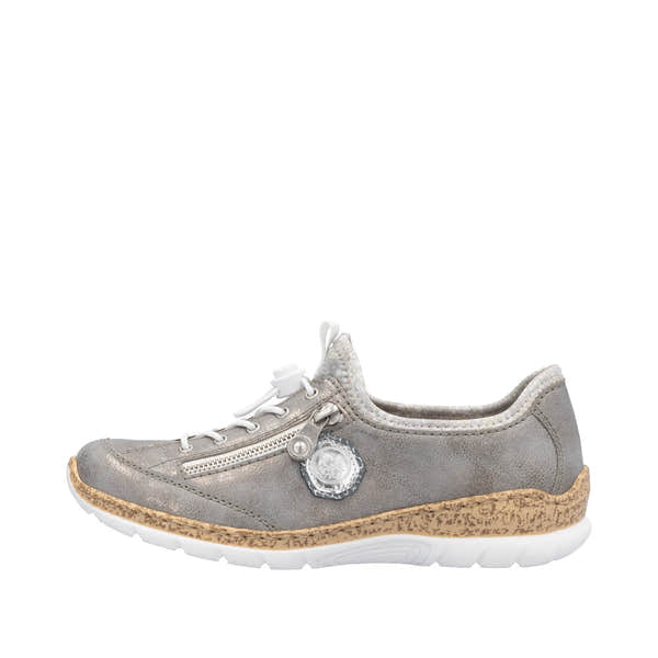Rieker N4263-40 Ladies grey and silver elasticated casual shoes with zipper detail and cork sole, lightweight and comfortable footwear.