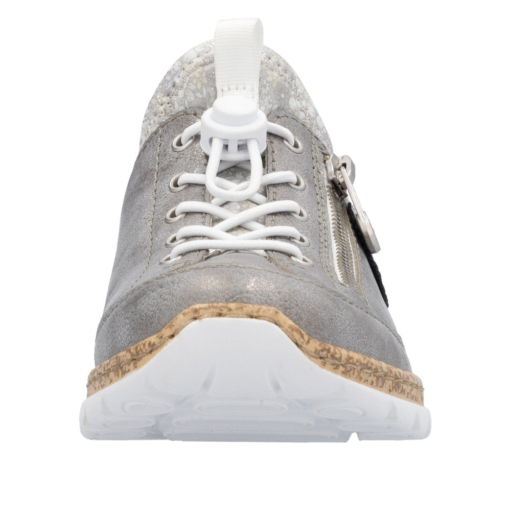 Rieker N4263-40 ladies grey and silver elasticated sneakers with lace-up front and side zipper.
