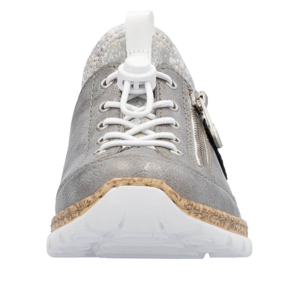 Rieker N4263-40 ladies grey and silver elasticated sneakers with lace-up front and side zipper.