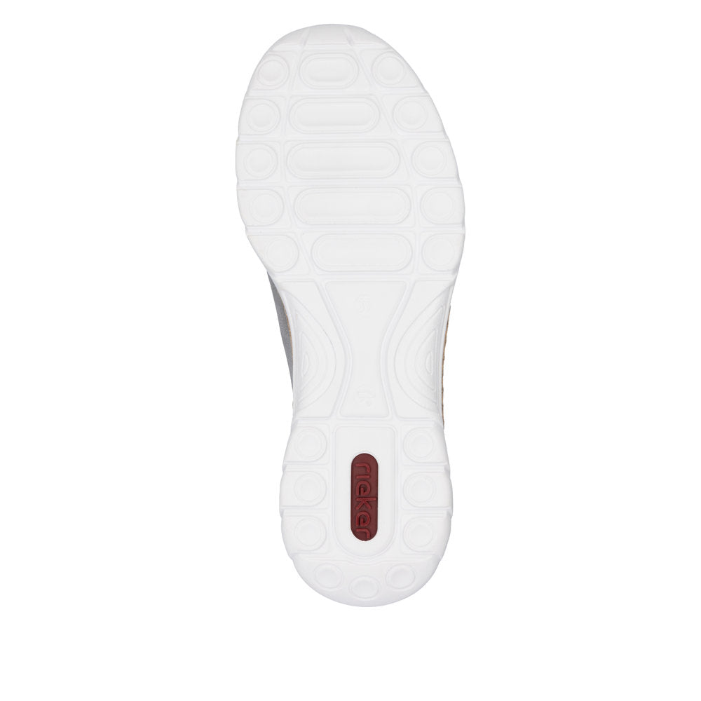 Rieker N4263-40 womens grey and silver elasticated casual shoes with white sole and red Rieker logo.