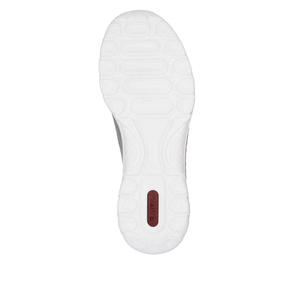 Rieker N4263-40 womens grey and silver elasticated casual shoes with white sole and red Rieker logo.