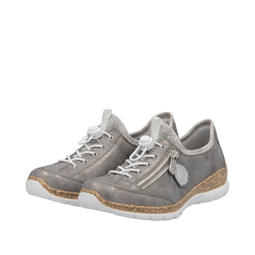Rieker N4263-40 ladies grey/silver elasticated casual shoes with side zipper and white rubber sole.