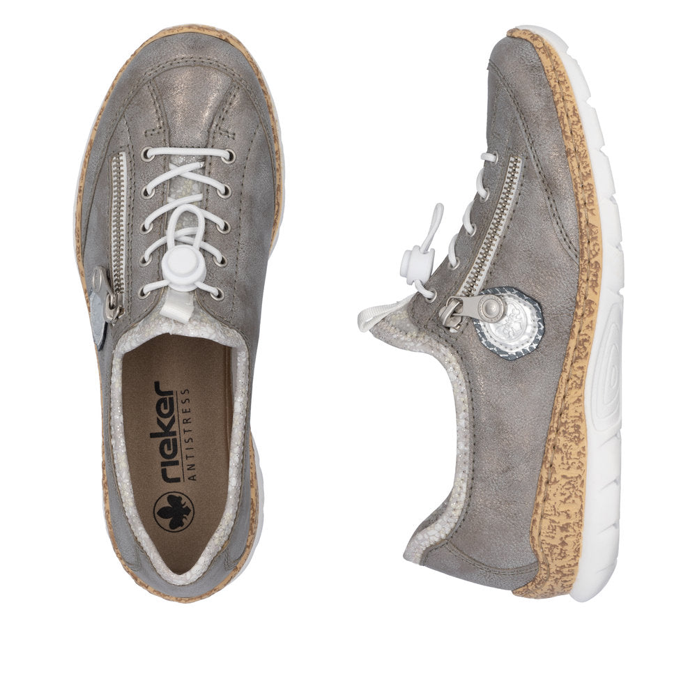 Rieker N4263-40 women's grey/silver elasticated shoes with side zipper, cushioned insole, and textured sole for comfort and style.