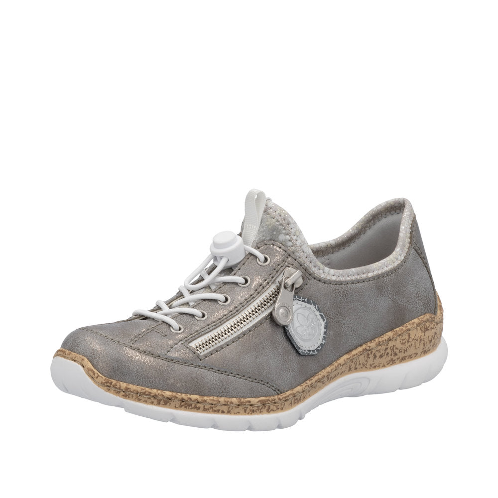 Rieker N4263-40 ladies grey/silver elasticated casual shoe with side zipper and cushioned sole.