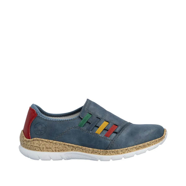 Rieker N4264-14 ladies blue leather slip-on shoes with elasticated sides, multicolored laces, red heel detail, and textured beige sole.