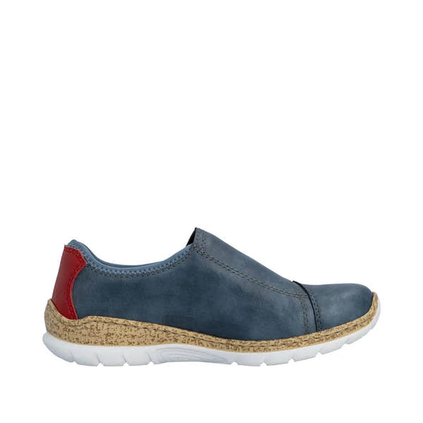Blue elasticated slip-on shoes with a red heel patch, cork-style midsole, and white rubber sole.