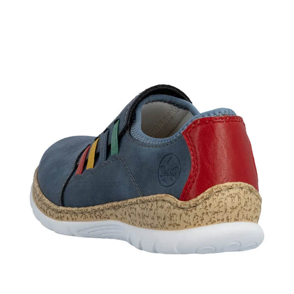 Blue elasticated women's shoes with red heel, multicolored laces, and beige patterned sole.