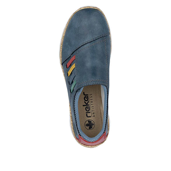 Ladies' blue elasticated shoes with colorful accents and comfortable lining, perfect for casual wear.