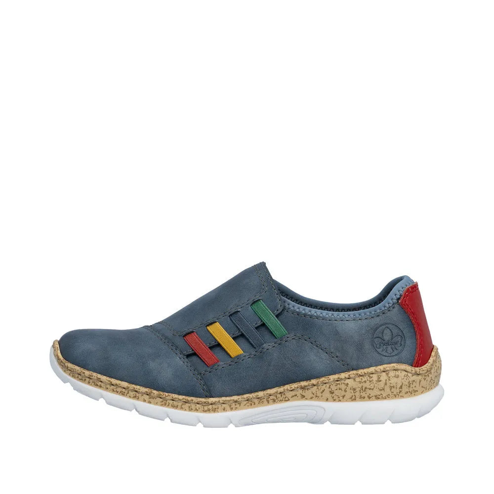 Blue elasticated women's shoes with multicolored accents, cushioned sole, and red heel detail.