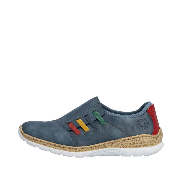 Blue elasticated women's shoes with multicolored accents, cushioned sole, and red heel detail.