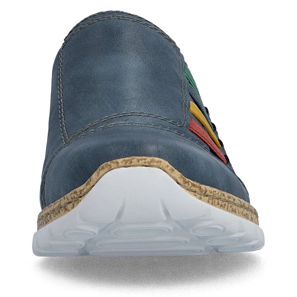 Ladies' blue elasticated shoes with leather upper, colorful side accents, and textured white sole for comfort.