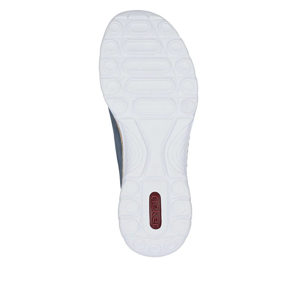 Blue elasticated ladies' shoes by Rieker, featuring a textured white sole and stylish, comfortable design.