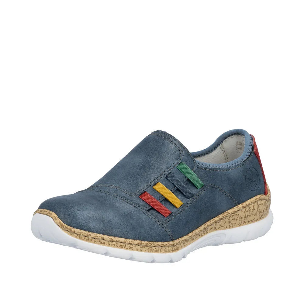 Ladies' blue elasticated shoes with colorful striped detailing and a textured cork sole. Stylish and comfortable design.