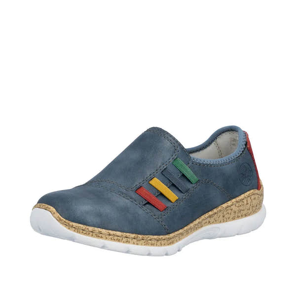 Ladies' blue elasticated shoes with colorful striped detailing and a textured cork sole. Stylish and comfortable design.