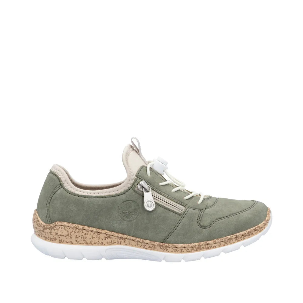 Rieker N42G0-52 women's green elasticated casual shoes with zip side, white sole, and cushioned collar.