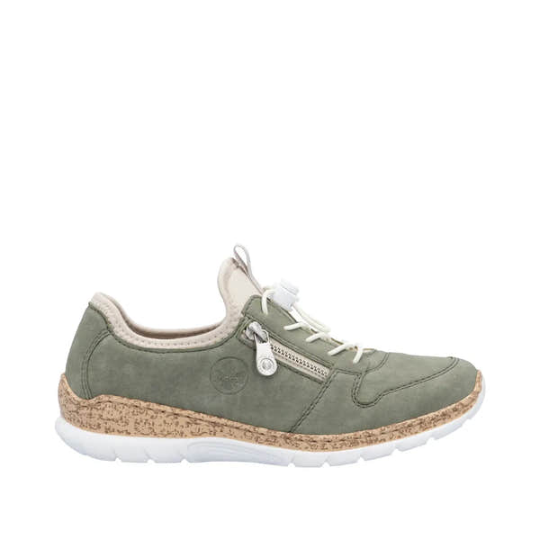 Rieker N42G0-52 women's green elasticated casual shoes with zip side, white sole, and cushioned collar.