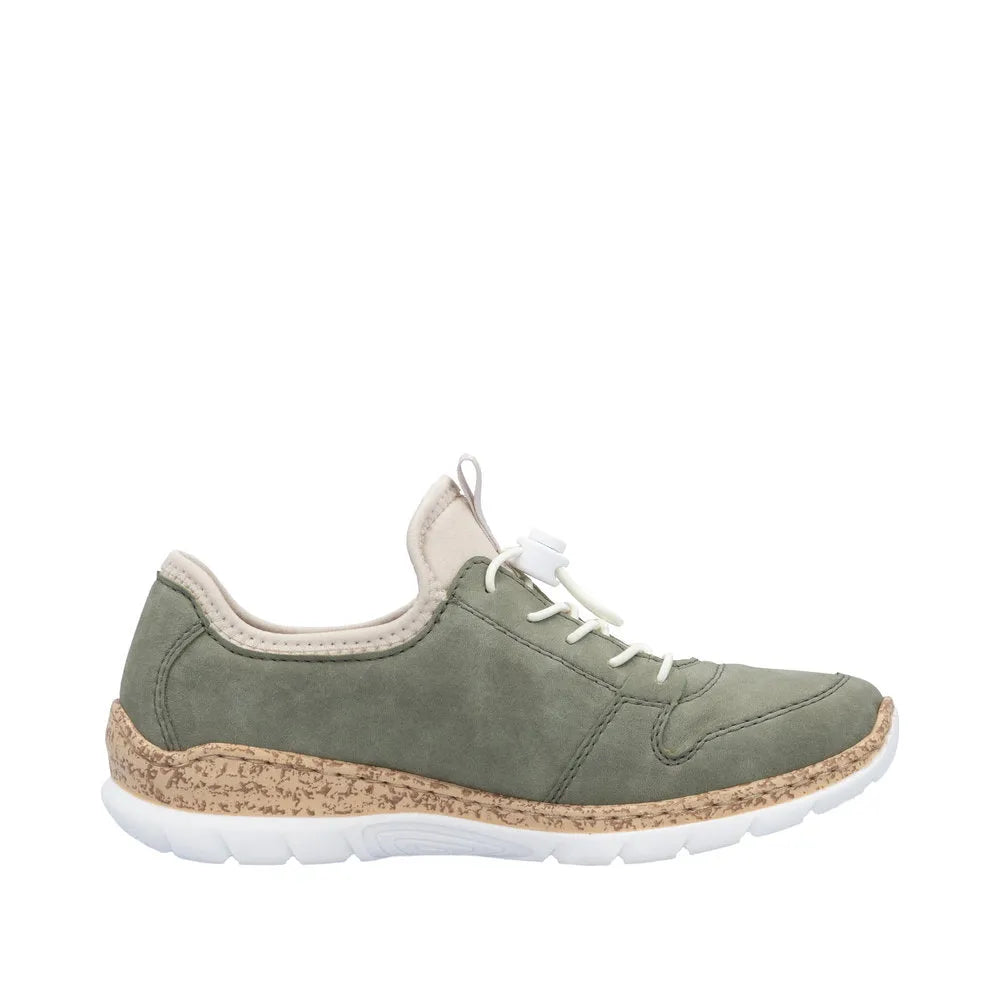 Rieker N42G0-52 women's green elasticated casual sneakers with comfortable cushioned sole and cork detail, lightweight and stylish.