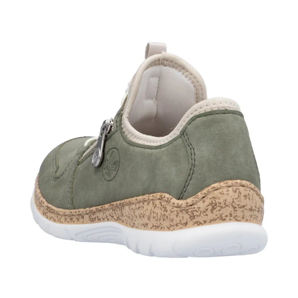 Rieker N42G0-52 women's green elasticated casual shoes with cushioned sole and textured beige midsole.