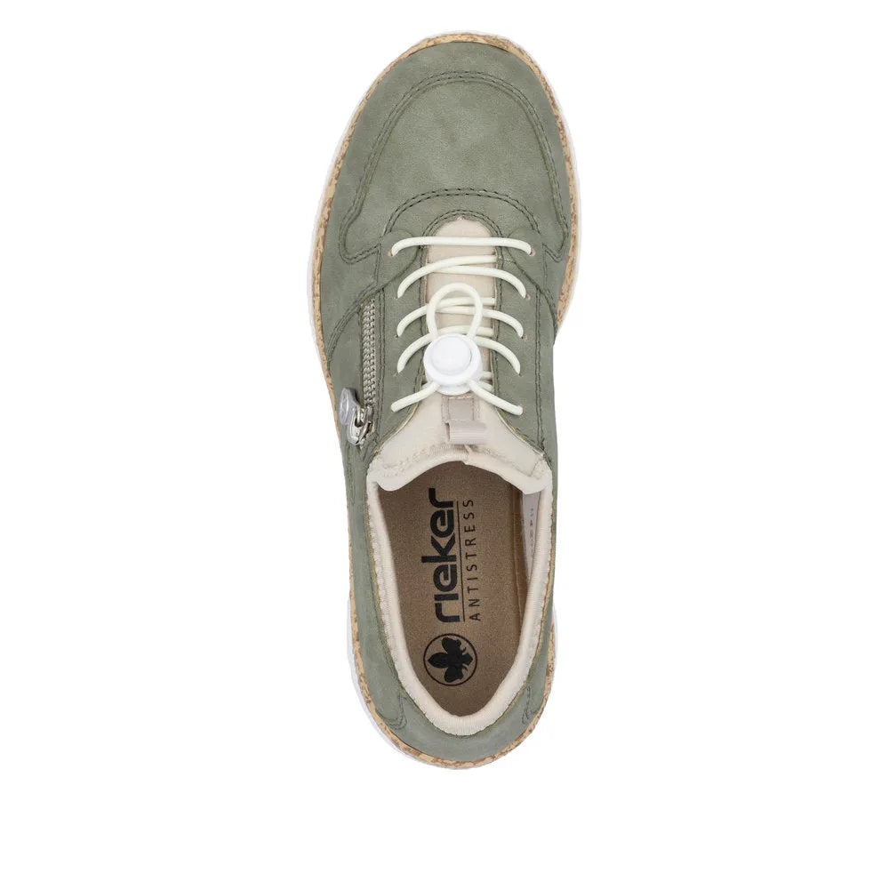Rieker N42G0-52 women's green elasticated casual shoes with lace-up and side zipper, anti-stress sole.