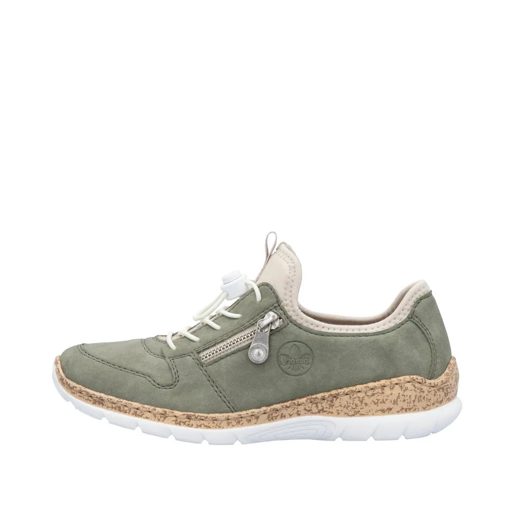Rieker N42G0-52 ladies' green slip-on elasticated shoes with side zipper, cushioned insole, lightweight sole, and casual comfort design.