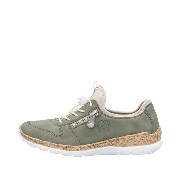 Rieker N42G0-52 ladies' green slip-on elasticated shoes with side zipper, cushioned insole, lightweight sole, and casual comfort design.