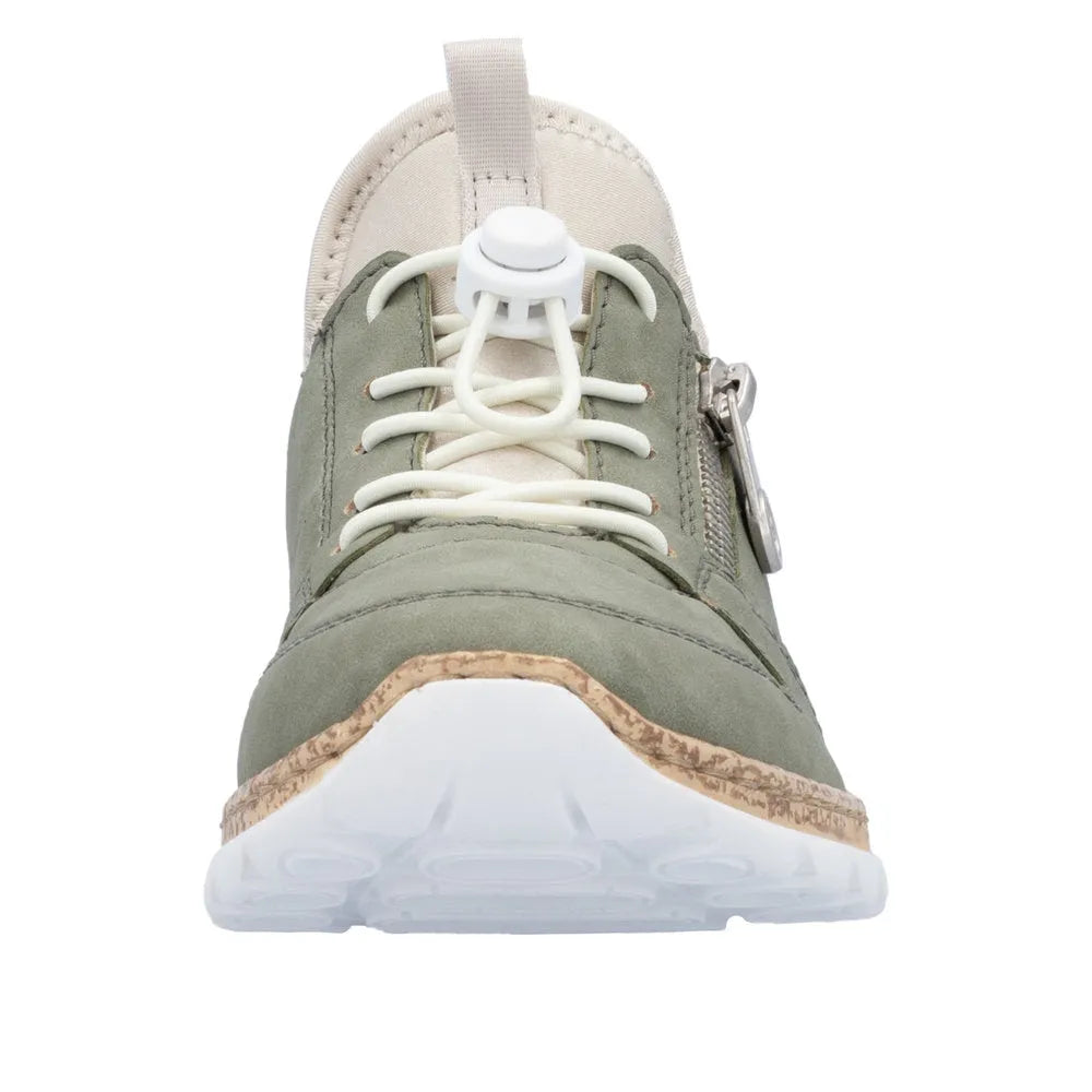 Rieker N42G0-52 women's green elasticated casual shoes with lace-up and side zipper, cushioned sole, and beige accents.
