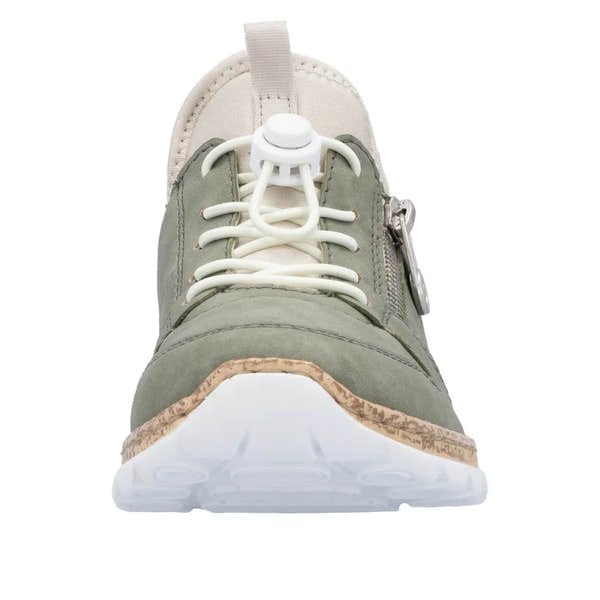 Rieker N42G0-52 women's green elasticated casual shoes with lace-up and side zipper, cushioned sole, and beige accents.