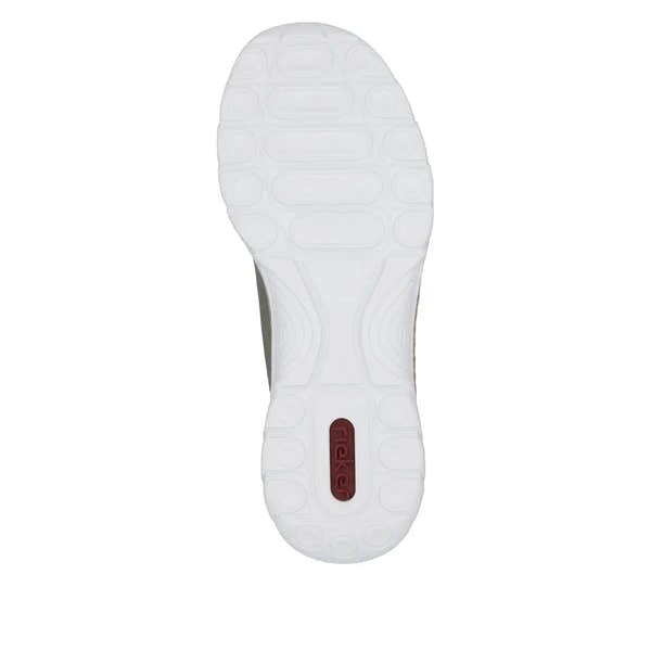 Rieker N42G0-52 ladies green elasticated shoes with white sole and cushioned outsole for comfort, stylish and lightweight footwear.