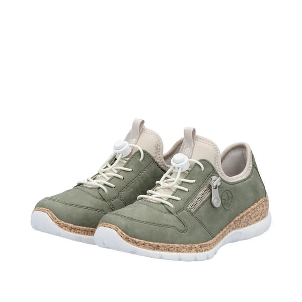 Rieker N42G0-52 Ladies Green Elasticated Shoes with zip, cushioned sole, and casual sporty design.