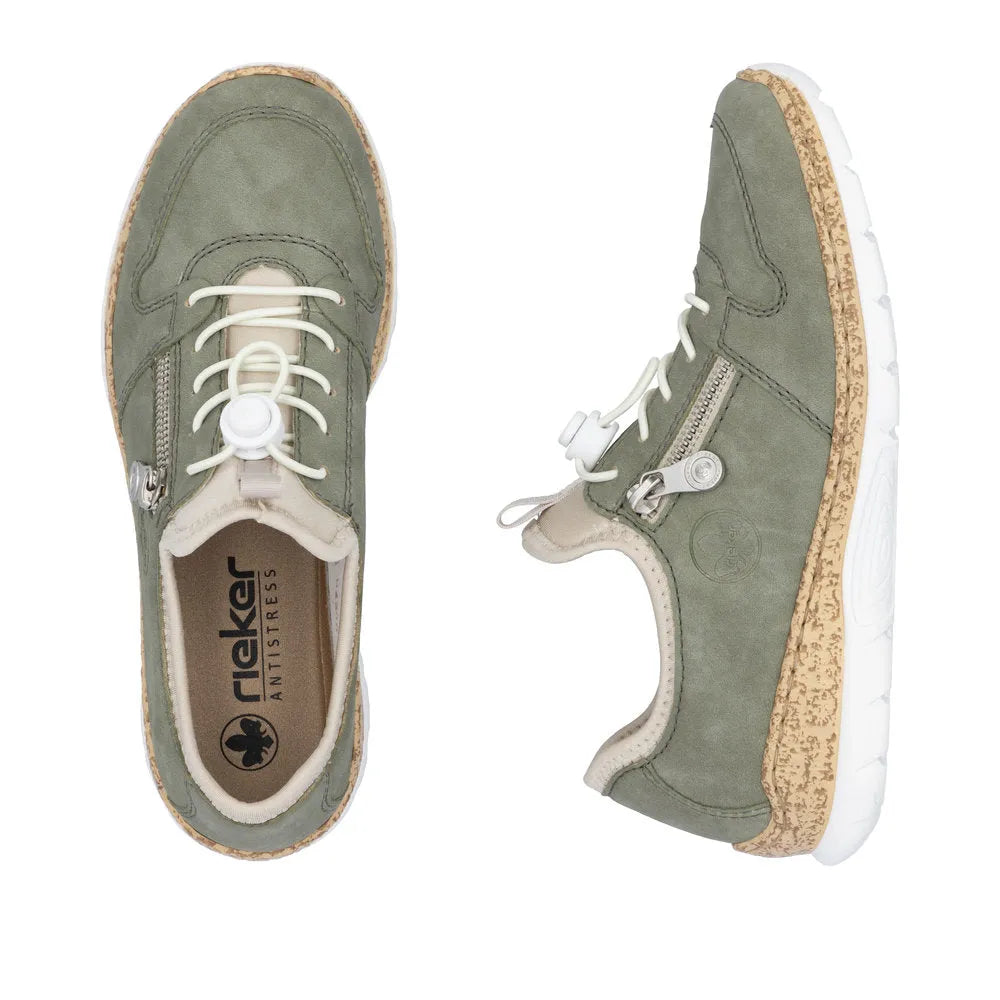 Rieker N42G0-52 women's green elasticated casual shoes with lace-up and side zipper, cushioned insole, and cork sole for comfort.